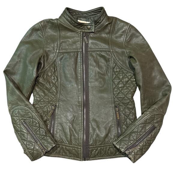 Michael Kors Green Leather Biker Moto Jacket quilted pattern size Small - Picture 1 of 16
